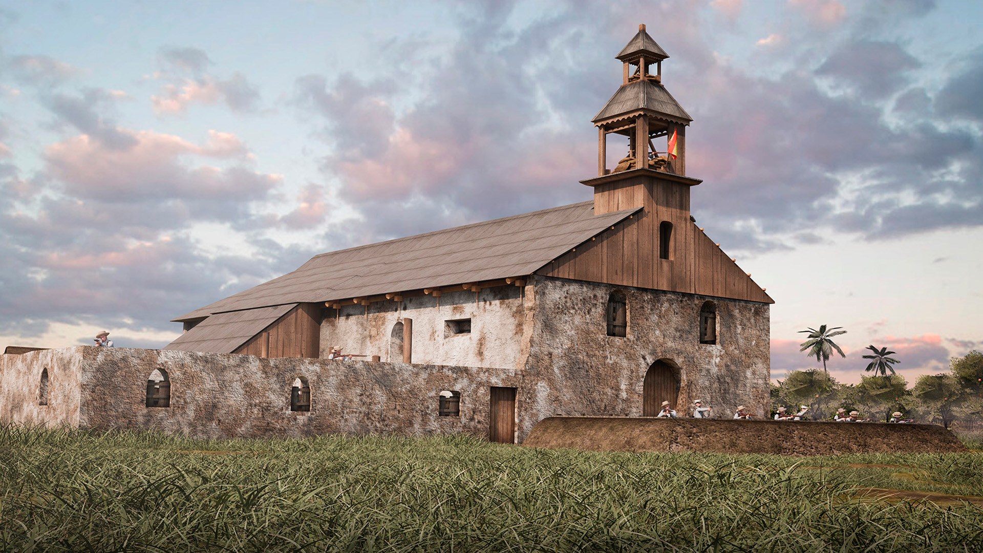 Reconstrucción 3D de una iglesia histórica con muros de piedra y campanario de madera